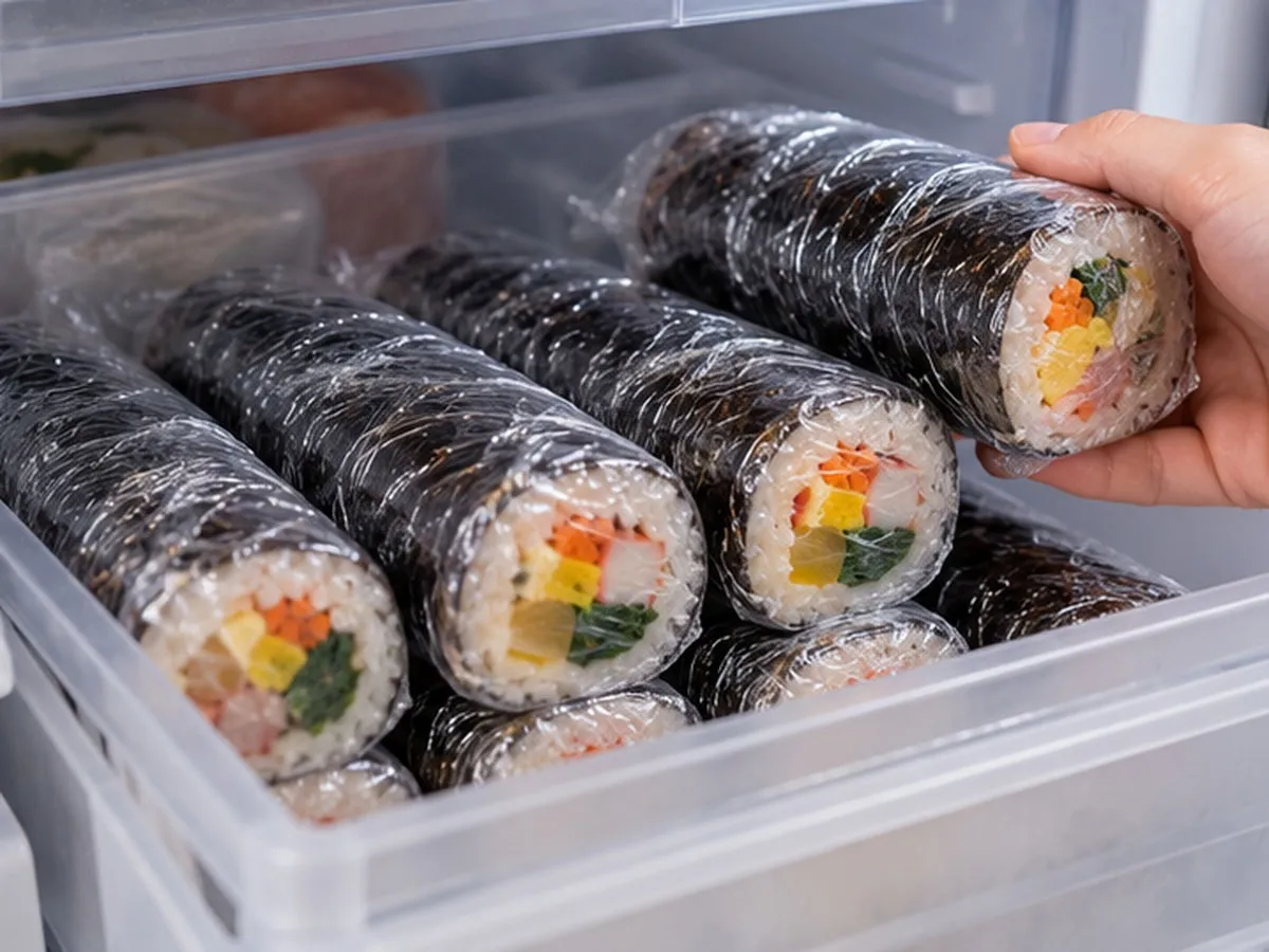 김밥을 랩으로 꼼꼼하게 감싸 냉동실에 보관하는 장면. 공기 접촉을 줄여 수분 손실을 최소화하고, 다시 데워 먹을 때의 식감 변화를 줄이는 방법이다.