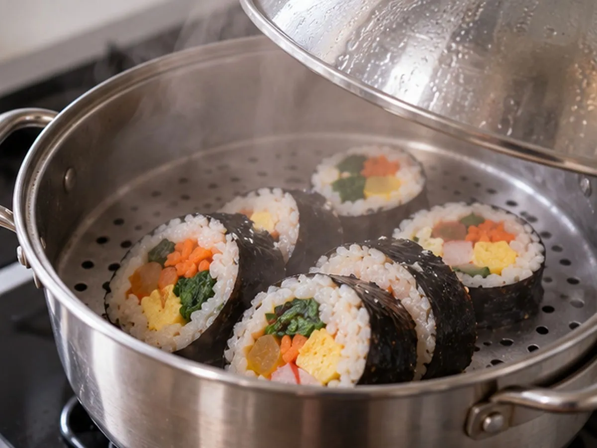 김이 피어오르는 찜기에서 김밥을 데우는 모습. 수증기의 열과 수분을 이용하면 딱딱해진 밥알을 부드럽게 만들 수 있다. 다만 너무 오래 찌면 김과 속재료가 눅눅해질 수 있다.