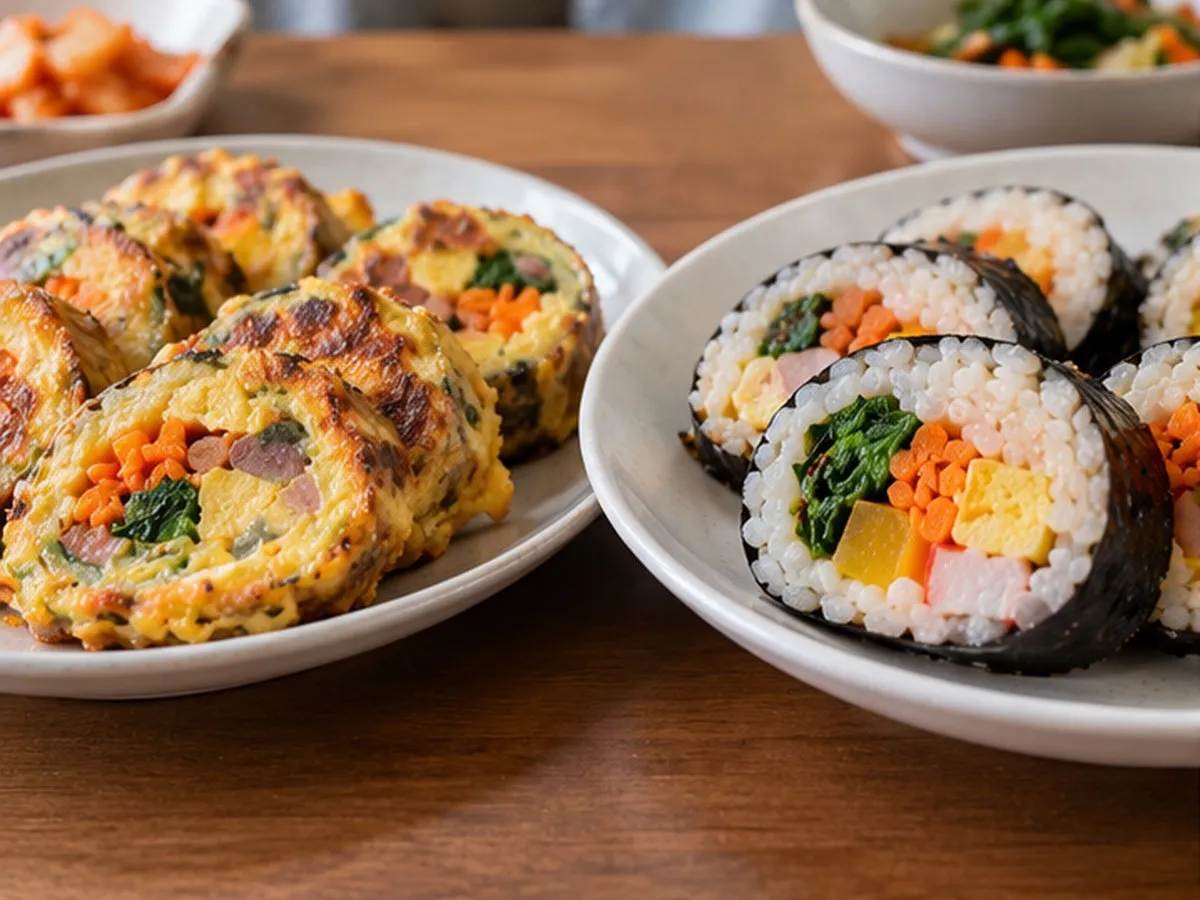 달걀물을 입혀 노릇하게 구운 김밥. 차갑게 굳은 김밥을 간편하게 먹는 방법이지만, 달걀과 기름의 풍미가 더해져 원래 김밥의 맛과 식감은 달라진다.