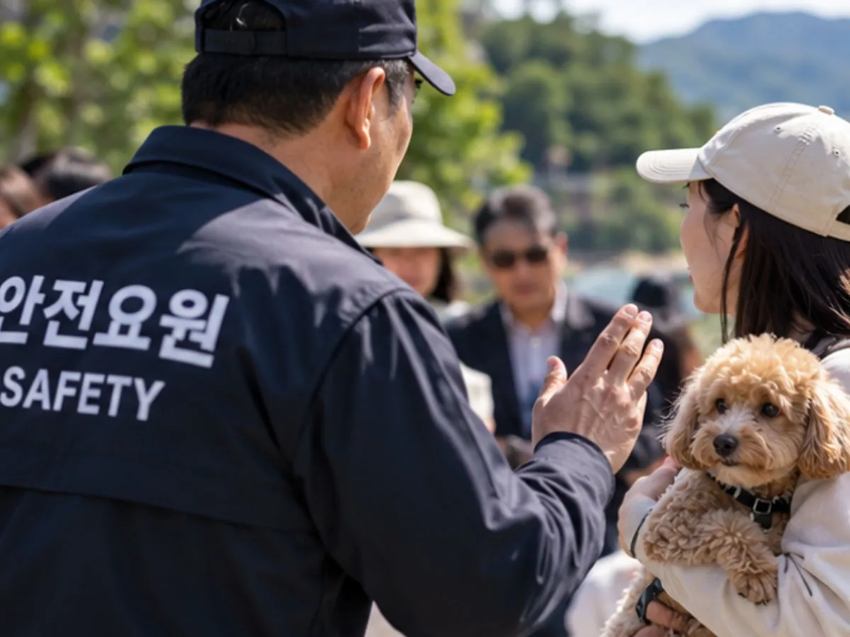 관광지에서 안전 문제를 두고 대화하는 반려견 보호자와 안전요원을 재현한 이미지. 반려견 출입 허용 기준과 현장 대응 방식을 둘러싼 논란이 제기됐다.