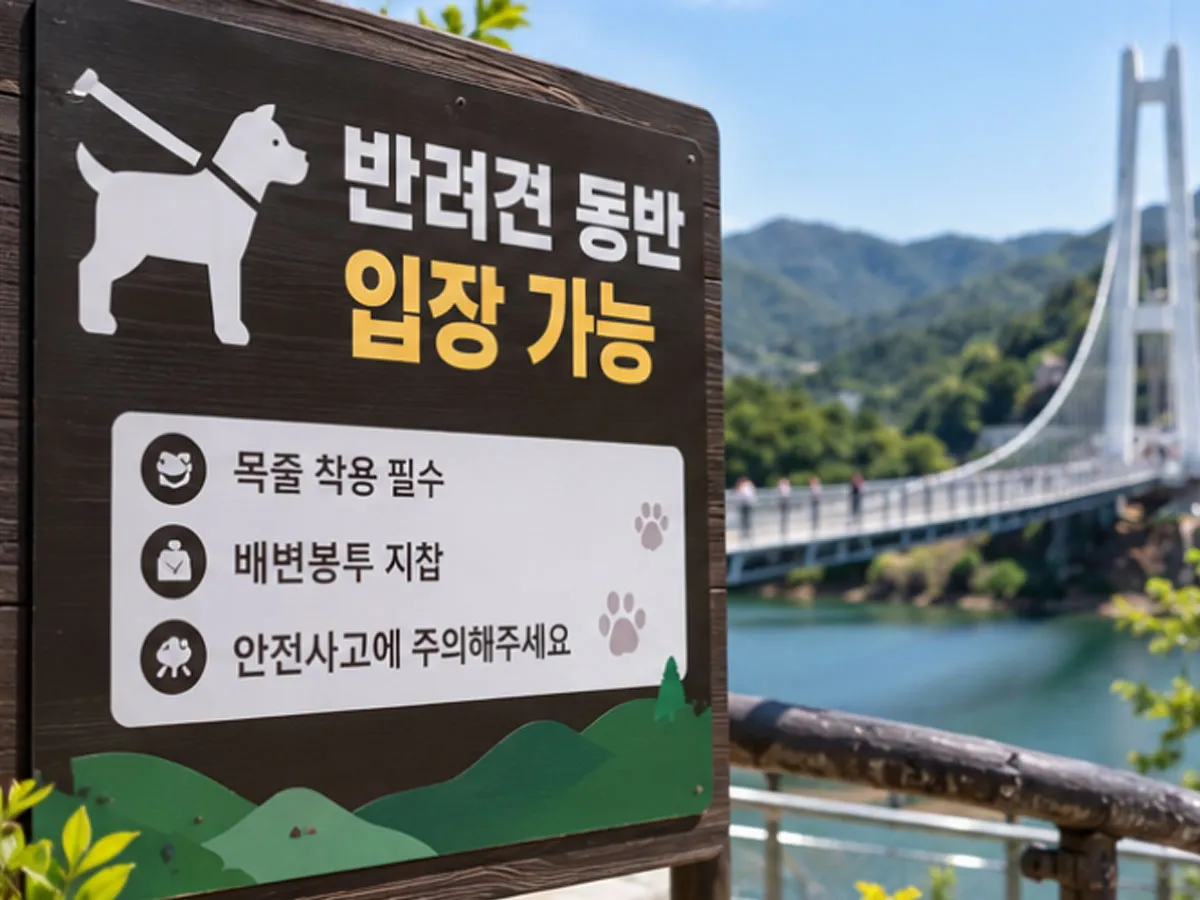 반려견 동반 관광지에 설치된 안내판을 표현한 이미지. 출입 가능 여부와 별개로 목줄 착용 등 안전수칙을 확인할 필요가 있다.