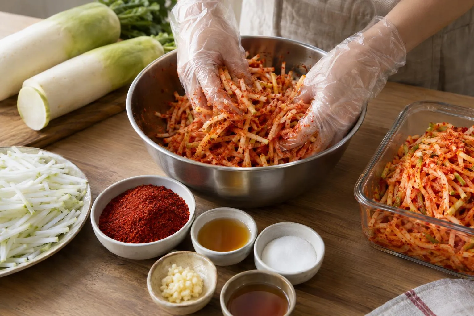 액젓 2큰술로 맛낸 아삭한 무생채 조리 과정 모습.