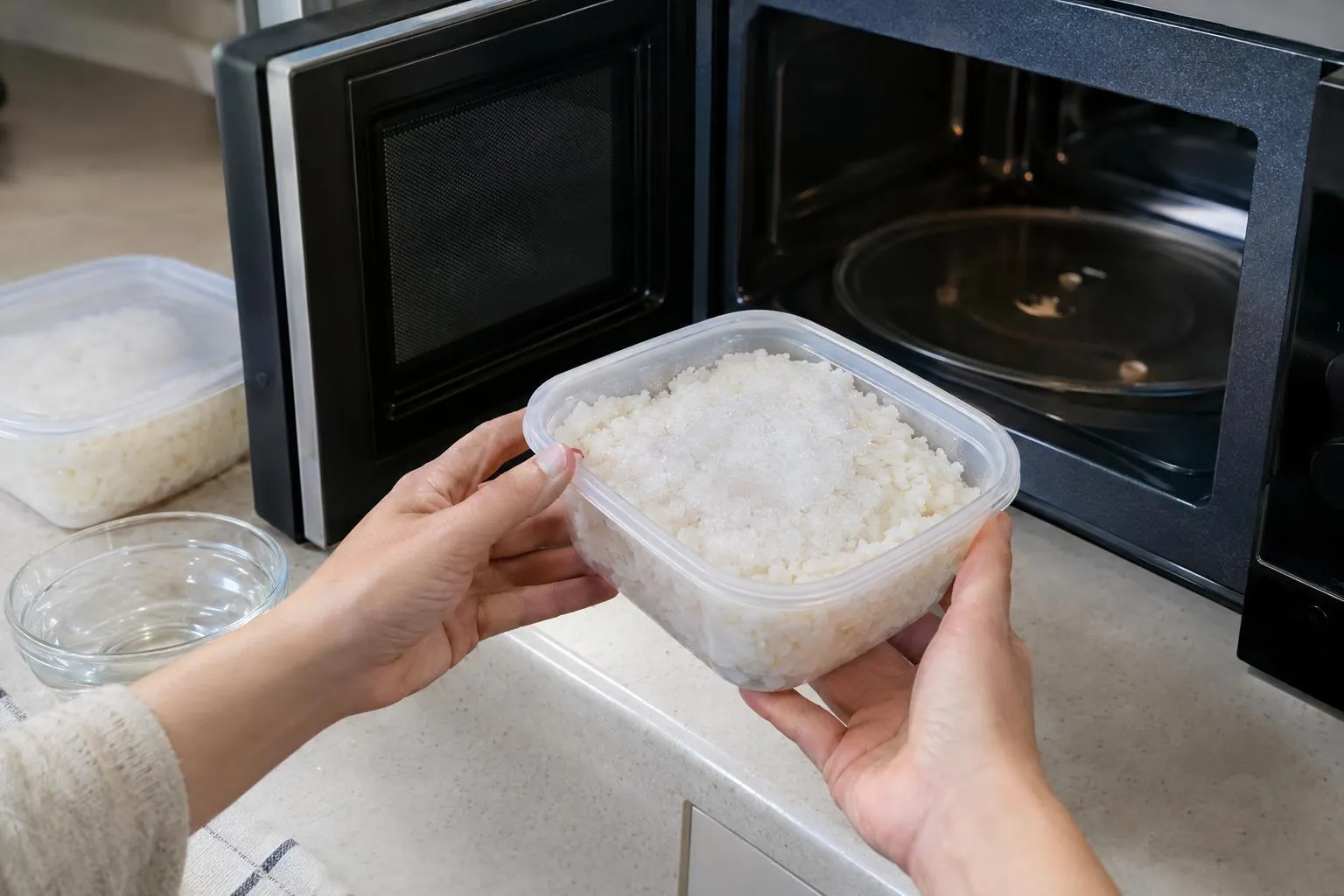 전자레인지에 냉동밥을 고르게 펴서 가열하는 모습.