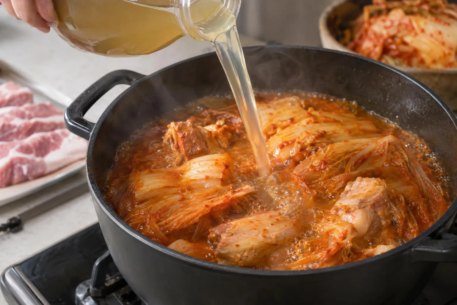 냉면 육수를 넣어 1시간 끓인 김치찜 조리 장면.