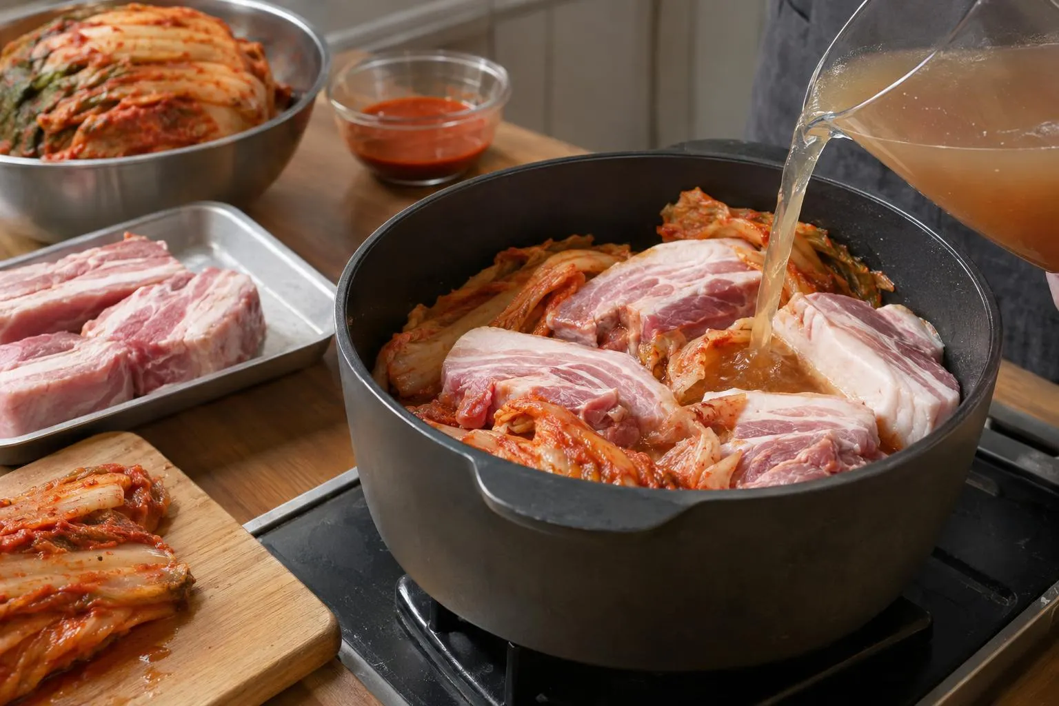 묵은지와 통삼겹살을 넣어 김치찜을 준비하는 모습.