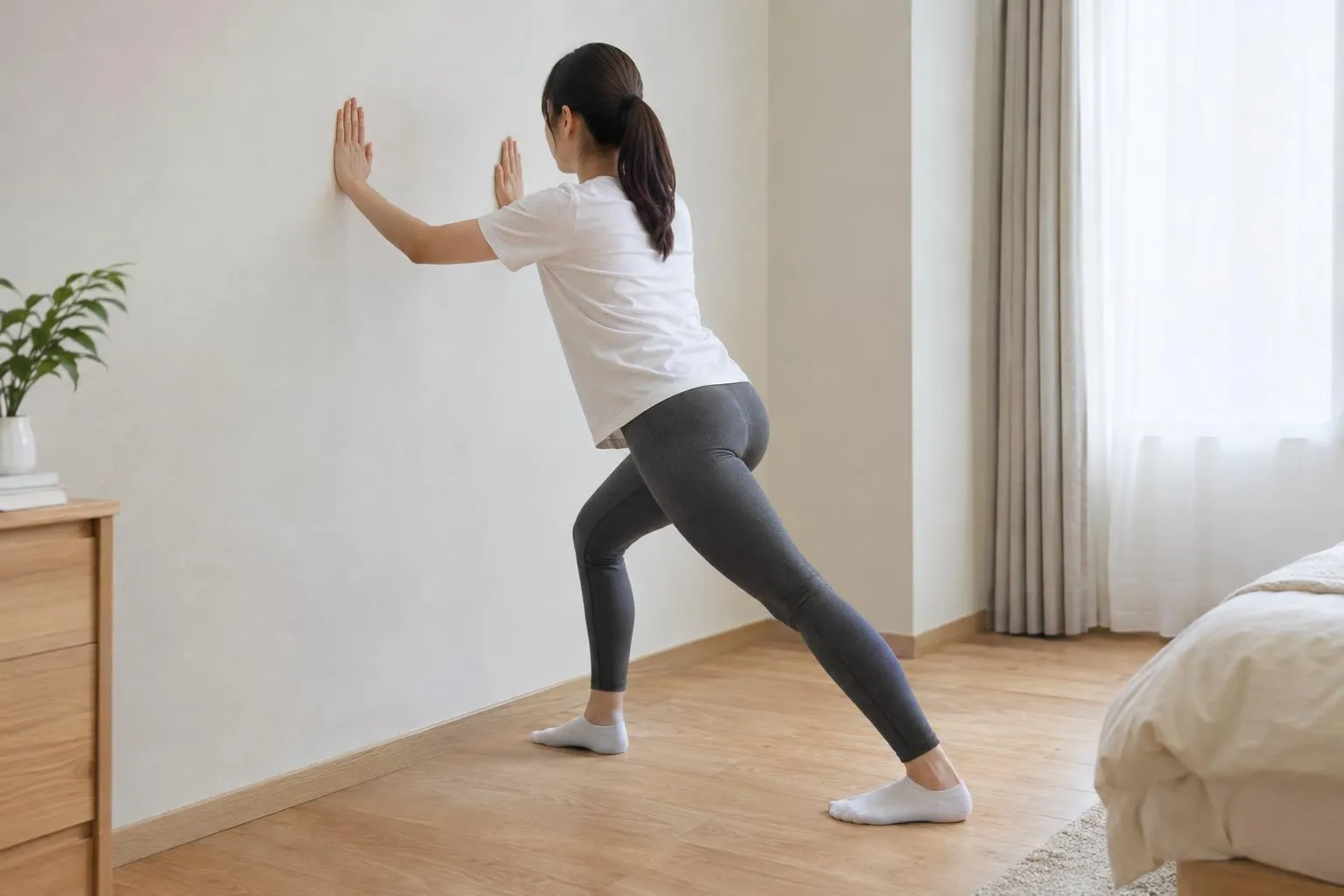 벽을 짚고 종아리를 늘리는 취침 전 스트레칭 모습.