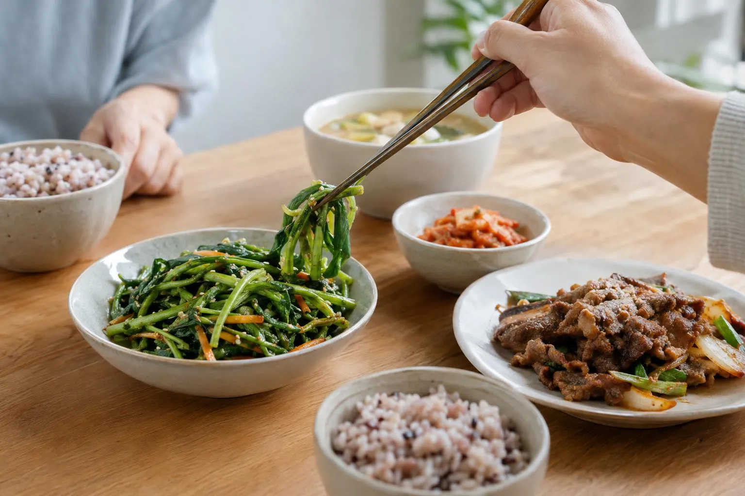 고구마줄기 반찬으로 혈중 지질 관리에 도움을 주는 식단 모습.