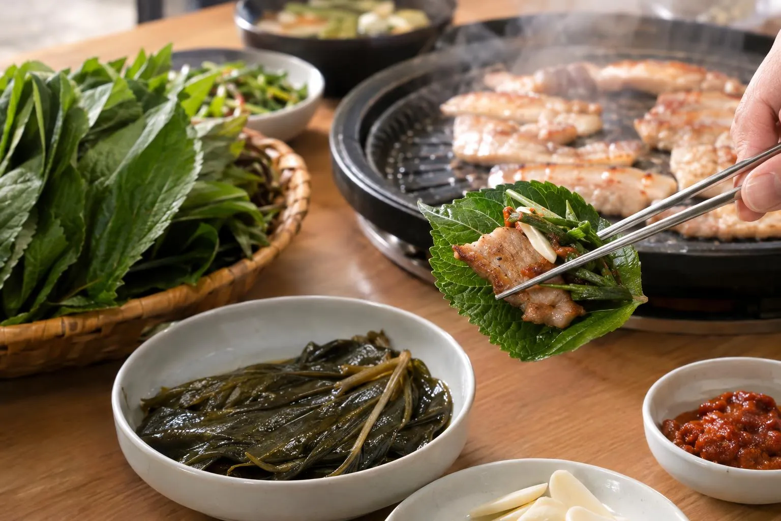 삼겹살과 함께 즐기는 명이나물과 깻잎 반찬 모습.