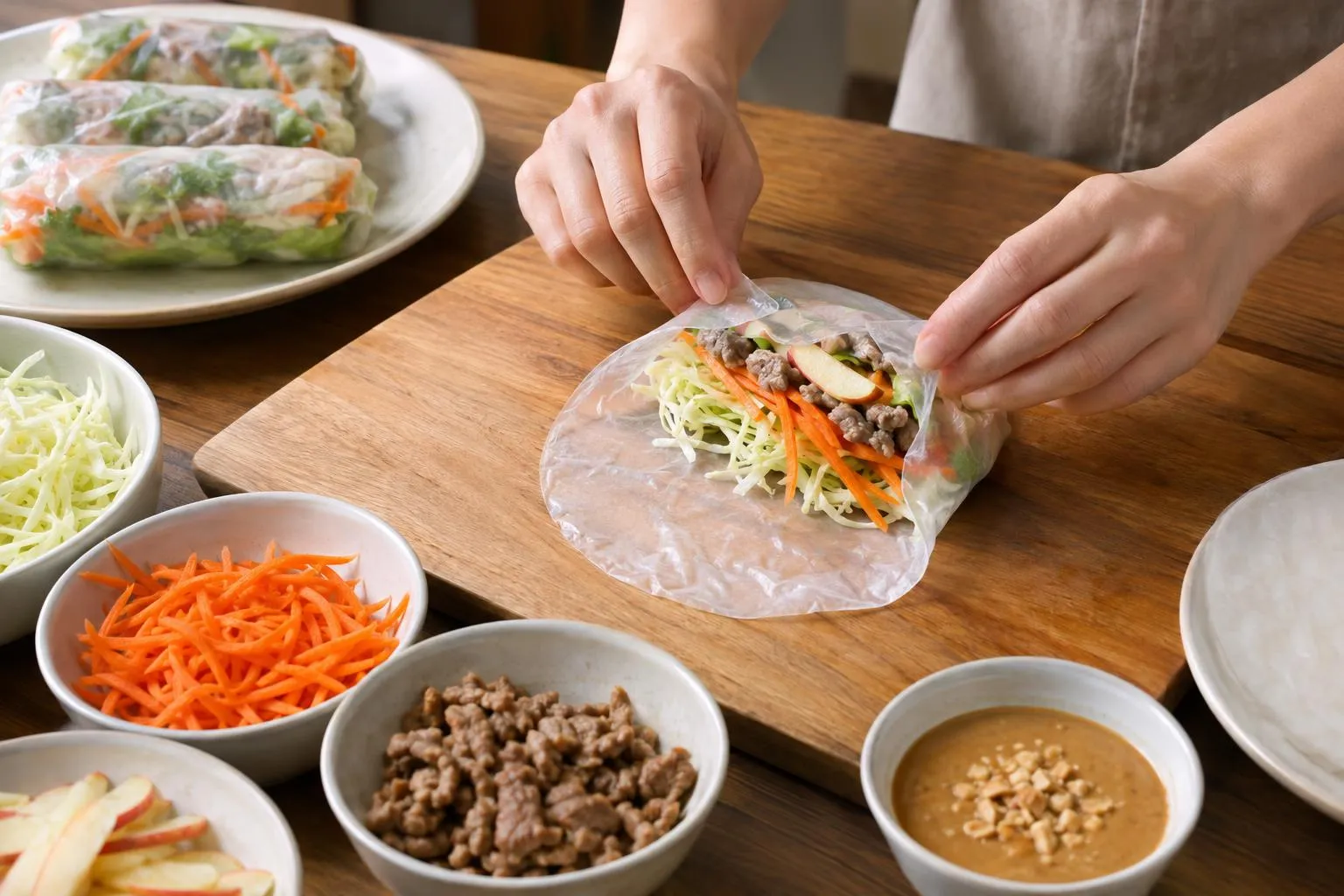 월남쌈 라이스페이퍼에 재료를 올려 단단히 말고 있다.