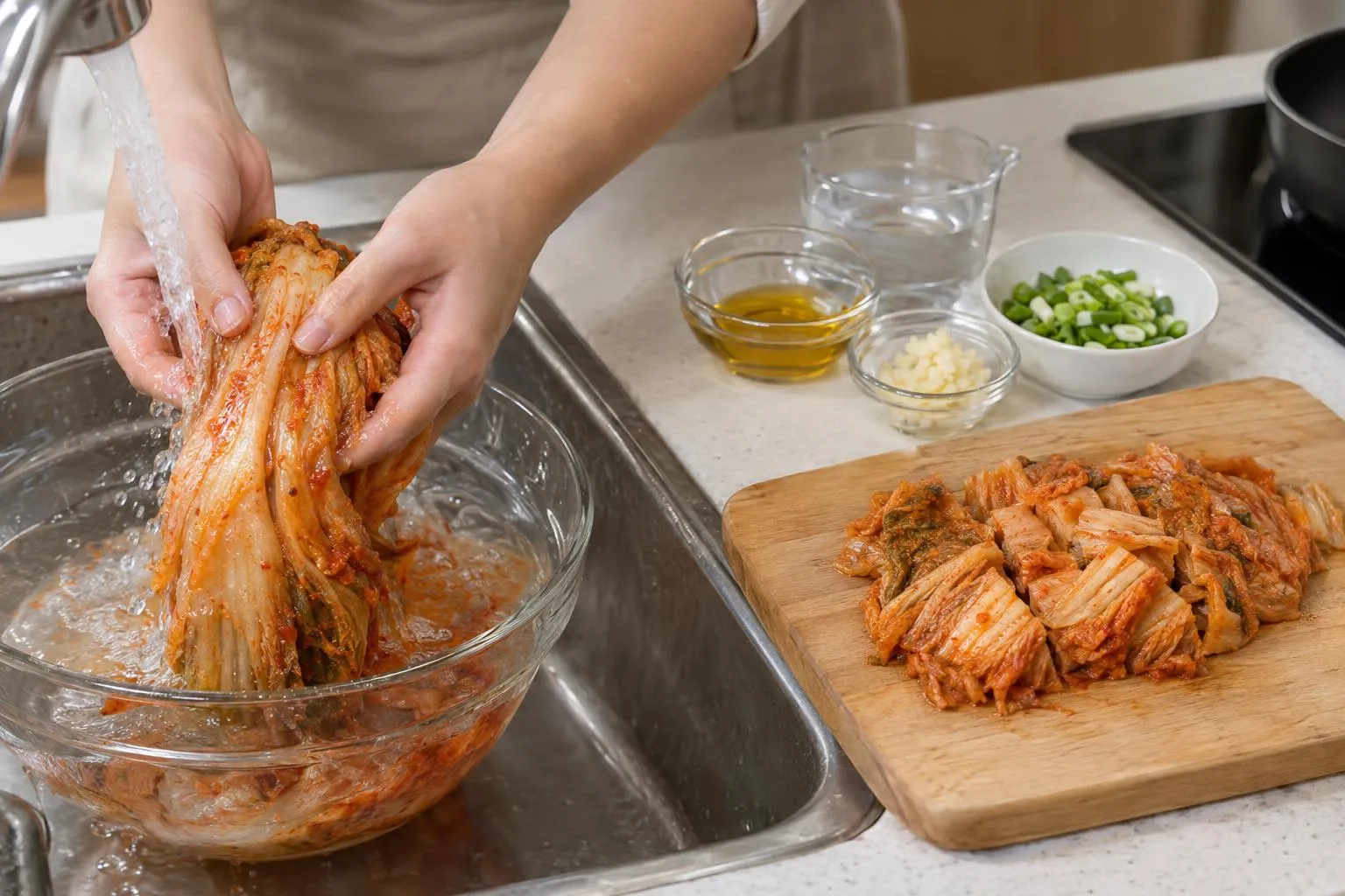 들기름에 볶아 신맛을 줄인 묵은지 반찬 모습.