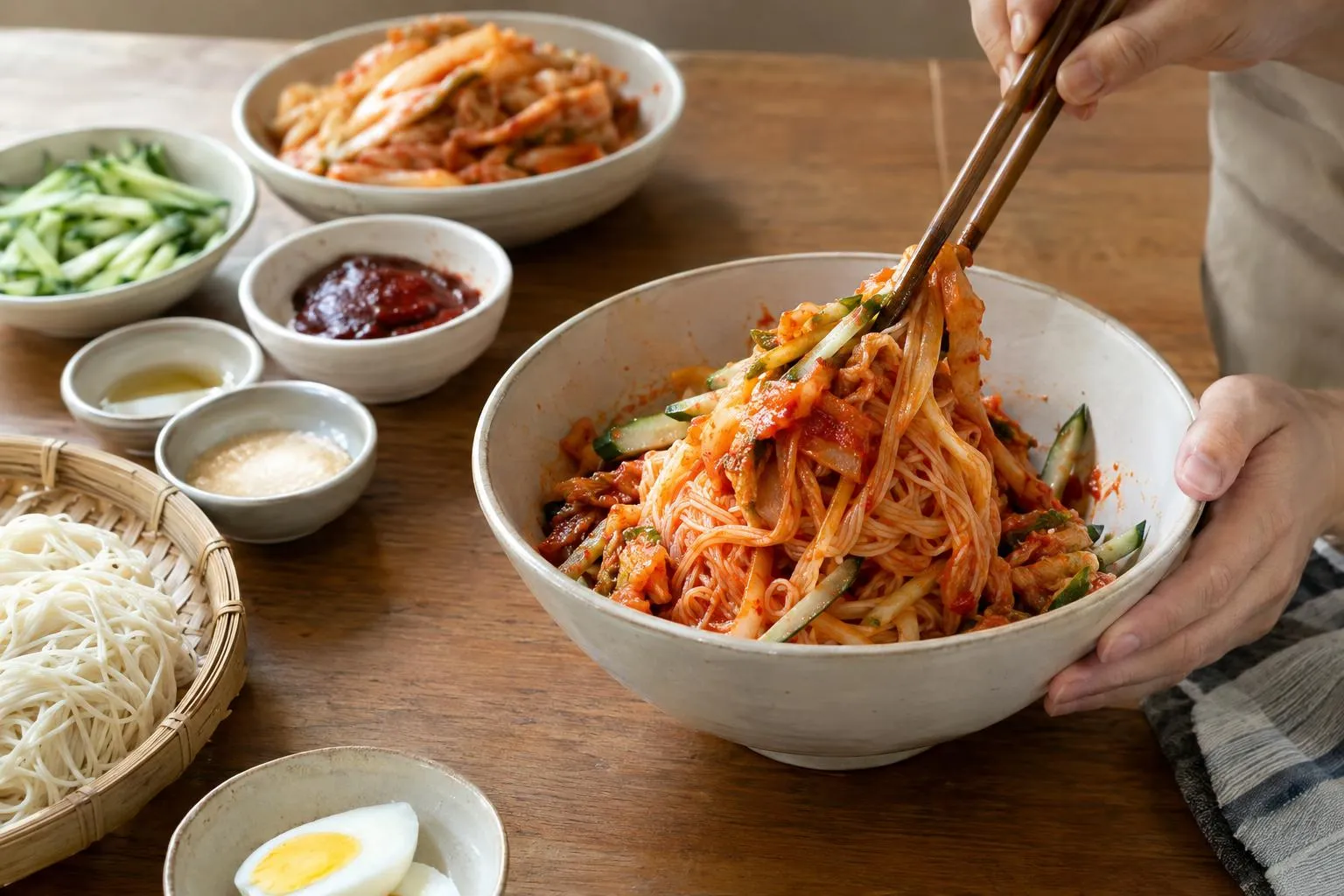 묵은지로 만든 비빔국수와 참치김치찜 요리 모습.
