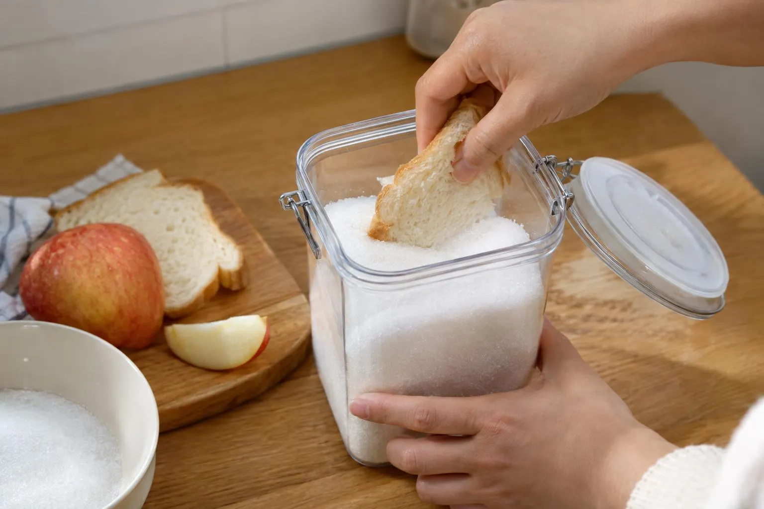 식빵 한 조각을 넣어 굳은 설탕을 부드럽게 만드는 모습.
