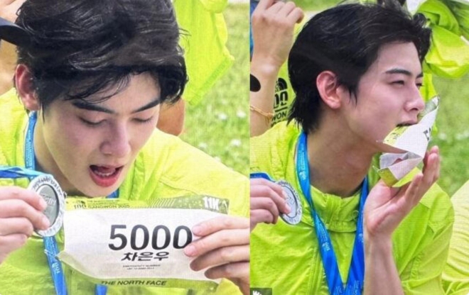 thumbnail - 차은우, 11km 마라톤 완주 후 메이크업 지워졌는데...“더 잘생겨졌다”