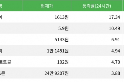 thumbnail - 밈코어, 시가총액 300위권 24시간 등락률 1위